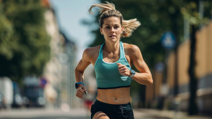 Wall Mural - Determined female runner sprinting on a city street, embodying fitness and perseverance.