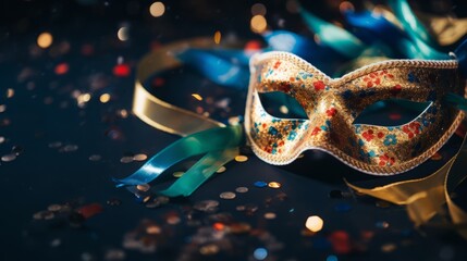 Wall Mural - Closeup of confetti on a festive party mask