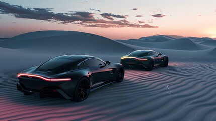 Futuristic electric cars cruising on desert dunes at sunset. concept vehicles and modern design in a serene landscape. innovation and style in motion. AI