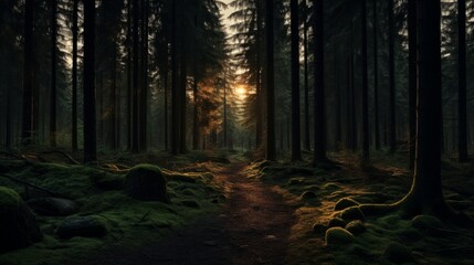 Wall Mural - Dark and moody forest at sunset