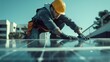  a man in a hard hat and safety gloves cleaning a solar panel on a roof Generative AI