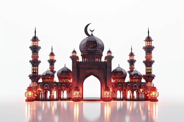 Wall Mural - beautiful dark red mosque image, crescent moon and islamic lantern with light isolated on white background 