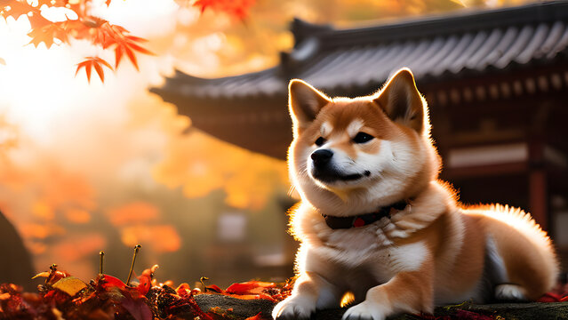 A cute shiba in u laying down in the Japan temple looking up to the sky in the autumn, dog