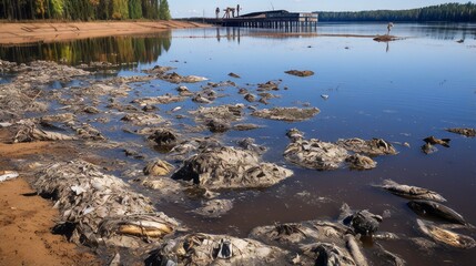 Wall Mural - A polluted lake with dead fish washing ashore