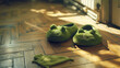 Moss green slippers, shaped like frogs, placed neatly at the edge of a sunlit parquet floor, ready for the next adventure.