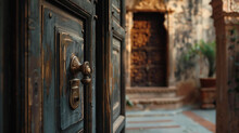 Ancient Wooden Door With Old Door Handle And Door Lock