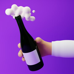 Cartoon hand holding opened champagne bottle with foam and bubbles isolated over purple background. 3d rendering.