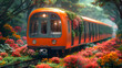 Cartoon subway train surrounded by flowers and green grass on rainy weather.