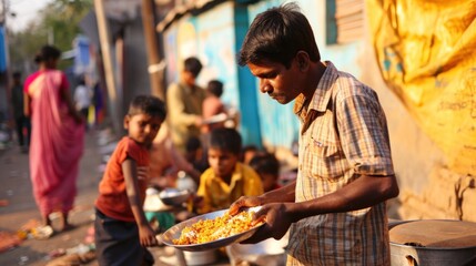 Wall Mural - poor Indian boy carries cooked food distributed by volunteers, banner