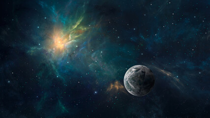 Wall Mural - Space background. Planet in colorful nebula with starfield. Elements furnished by NASA. 3D rendering