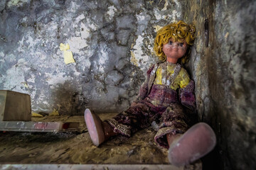 Sticker - Doll in Cheburashka kindergarten in Pripyat abandoned city in Chernobyl Exclusion Zone, Ukraine