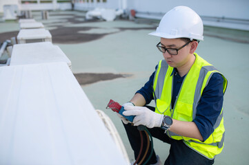 Wall Mural - Refrigeration and Air Conditioning Engineering Detects Plant Cooling Problems,electrician maintenance Condensing on the rooftop outdoors of large industrial building,engineer under checking the indust