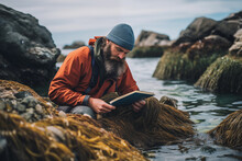 Bearded man in a beanie and jacket is engrossed in a book among seaside rocks