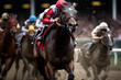 Horse race in action. Sportsmen riding horses on racetrack fast. Generative AI