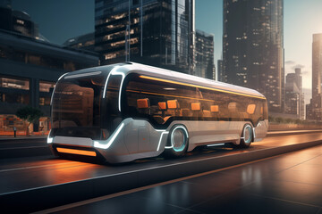 Wall Mural - Futuristic bus for passenger transportation over night city. Generative AI