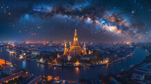 Night View Of Bangkok With Wat Arun Temple And Starry Sky.