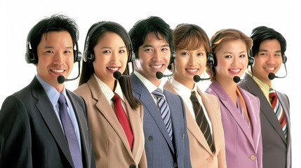 Poster - Asian professionals in modern call center providing customer service assistance.