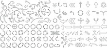 Hand Drawn Arrow Icon Set, Sketchy Arrows, Circles, Swirls Vector Set. Ideal For Web Design, Navigation, Interface. Doodle Style Elements For Pointers, Directions. Arrows Collection