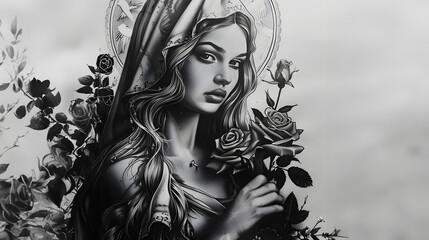 Wall Mural - Black and white tattoo design of an ultra realistic saint mary with long hair, holy , holding roses, in the background is unholy demon , high contrast, dark shadows, in the style of hyper realistic,