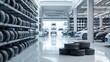 A stack of tires is displayed in the foreground with cars parked on both sides and an empty white floor in the background Generative AI