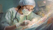 © psychoshadow - Woman surgeon working with patient in surgical operating room. Ai generated painting