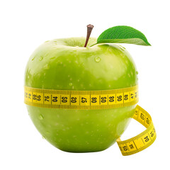 Fresh green apple with Measuring tape. Diet concept isolated on transparent background Generative Ai