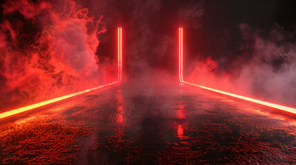 Wall Mural - 3d rendering old wet asphalt neon lights street with smoke on black background. generative ai 