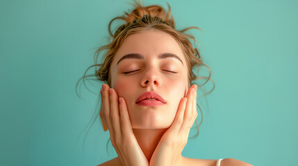 Young woman doing face building, facial gymnastics, self massage and rejuvenating exercises