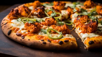 A closeup of a spicy buffalo cauliflower pizza