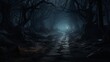 A haunted forest path with ominous, ghostly lights
