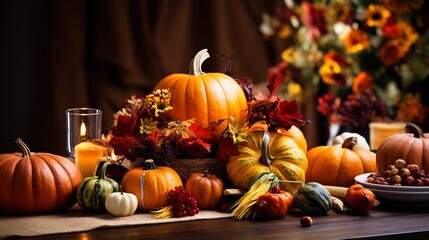 Wall Mural - A harvest table setting with pumpkins and gourds