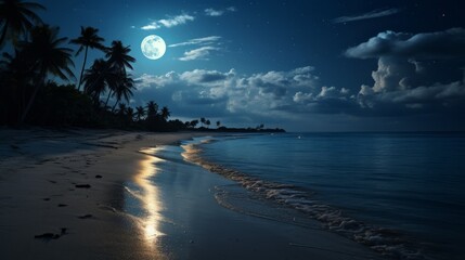 Canvas Print - A serene beach with moonlight reflecting on the water