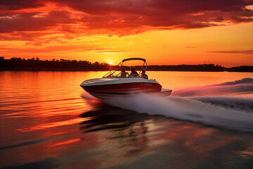 speed motorboat towing water skier in romantic vibrant sunset. generative ai