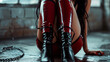 Woman kneeling with red latex and black boots.
