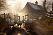 Geese waddling through the farmyard. Generative AI