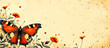 Orange black butterfly is sitting on a flower. Vintage background, splash paint