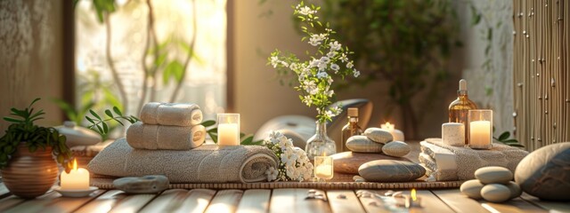 Wall Mural - Spa background towel bathroom white luxury concept massage candle bath. Bathroom white wellness spa background towel relax aromatherapy flower accessory zen therapy aroma beauty setting table salt oil