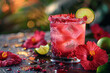 A vibrant hibiscus margarita, infused with floral notes and garnished with a hibiscus flower and a wedge of lime, transports you to exotic destinations with its tropical allure.