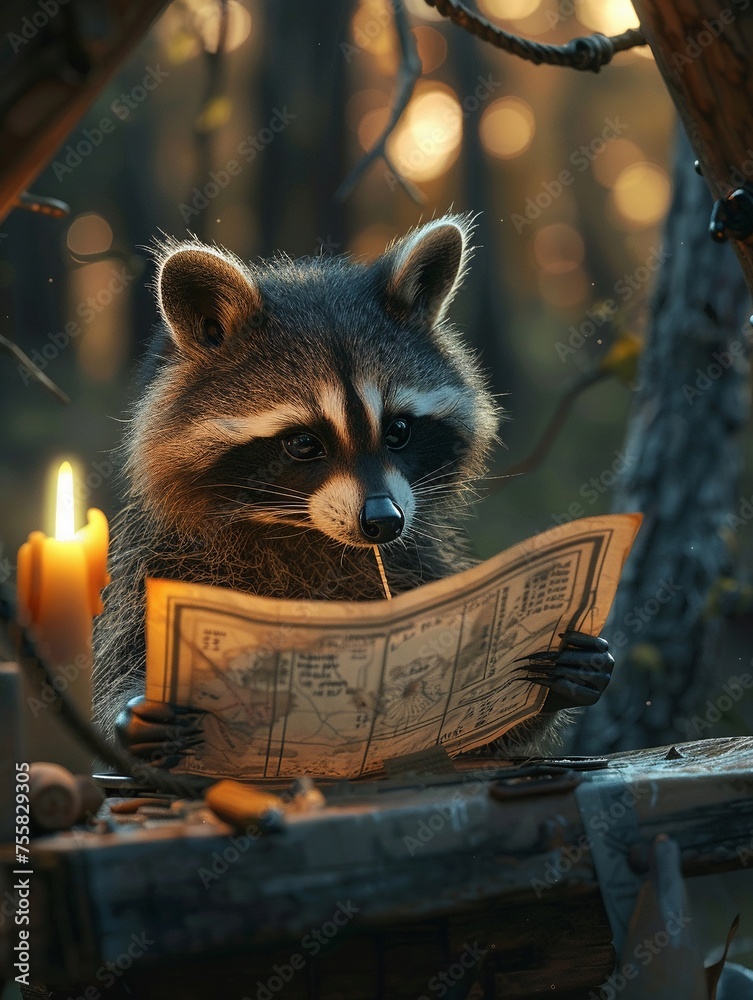 Raccoon bandit planning a heist on a bird feeder using a map and tiny ...