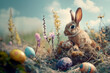 Easter bunny in the field surrounded by Easter eggs in springtime
