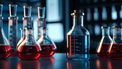 Poster - Blue red glass flask vial and chemical structure in research medical science technology background, glassware with liquid