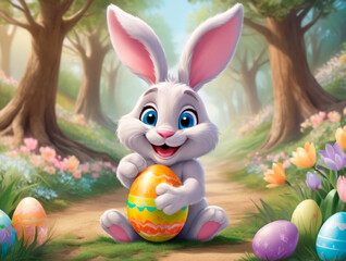 Wall Mural - A cute and kind Easter bunny in cartoon style with big ears shines with a joyful smile, ready to give joy and cheer everyone who meets him on the way.