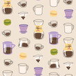 © Salnikova Watercolor - Vector hand painted cafe tasty filter specialty coffee illustration Cute flat simple hand drawn clipart seamless pattern, wallpaper background, fabrics surface pattern design
