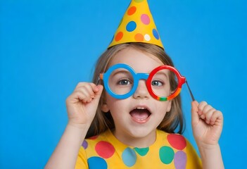 Wall Mural - Funny kid clown against blue background. Happy child playing with festive decor. Birthday and 1 April Fool's day concept
