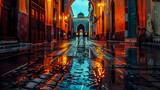 Fototapeta Uliczki - Calle iluminada por faroles con decoración árabe y mezquita en ell ramadán,  símbolo importante en la religión islámica, 