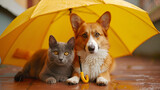 Fototapeta Natura - Cute cat and dog sitting under umbrella. Pet insurance, protection and wellness idea. generative ai 