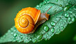 Golden Snail on Wet Green Leaf Close-up in Nature
