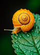 Golden Snail on Wet Green Leaf Close-up in Nature