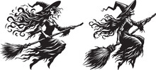 Typical Witch On A Broomstick, Black Vector Graphic