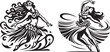 composition of three Hawaiian hula dancers, black vector graphic